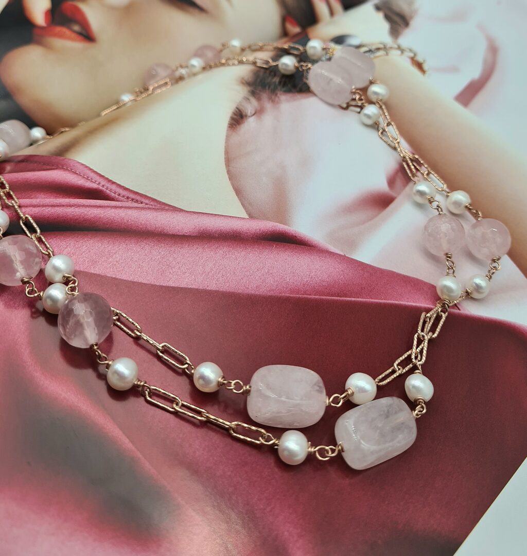 Collana in Argento Rosa con Perle e Quarzo Rosa